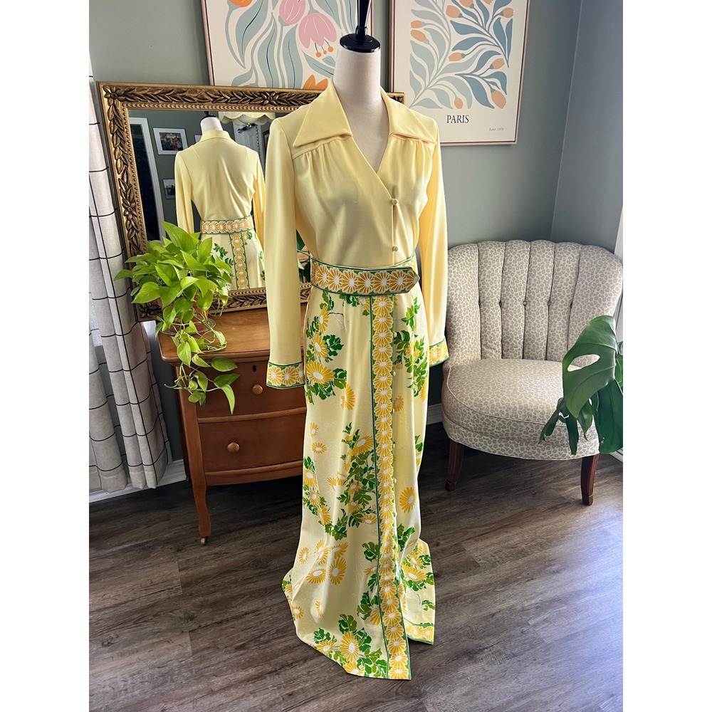 Vintage 1960s Alfred Shaheen Yellow Floral Maxi Dress Belted Long Sleeve Size 12